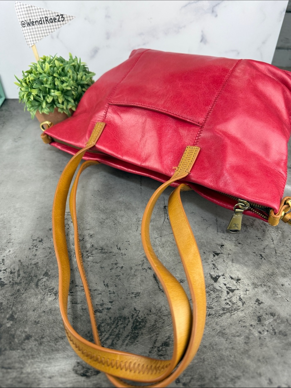 HOBO Hot Pink Leather Tote with Tan Straps - Picture 4 of 12
